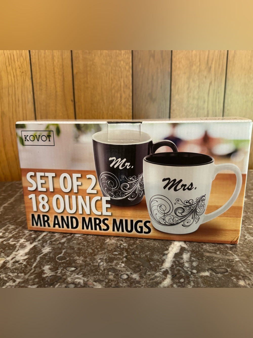 KOVOT Mr. and Mrs. 18 oz Ceramic Mugs - Black and White Set of 2